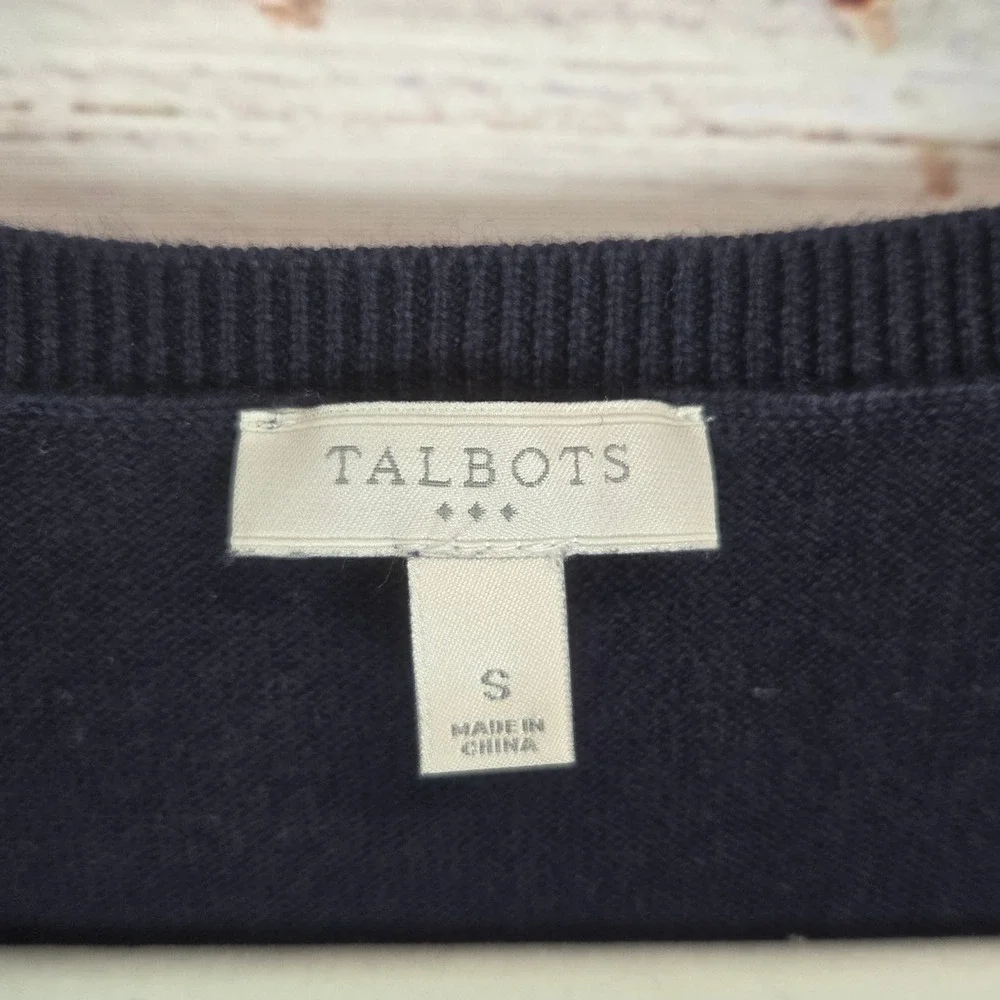 Talbots Blue Argyle Long Sleeve V-Neck Sweater S Red Metallic Thred Prep Casual